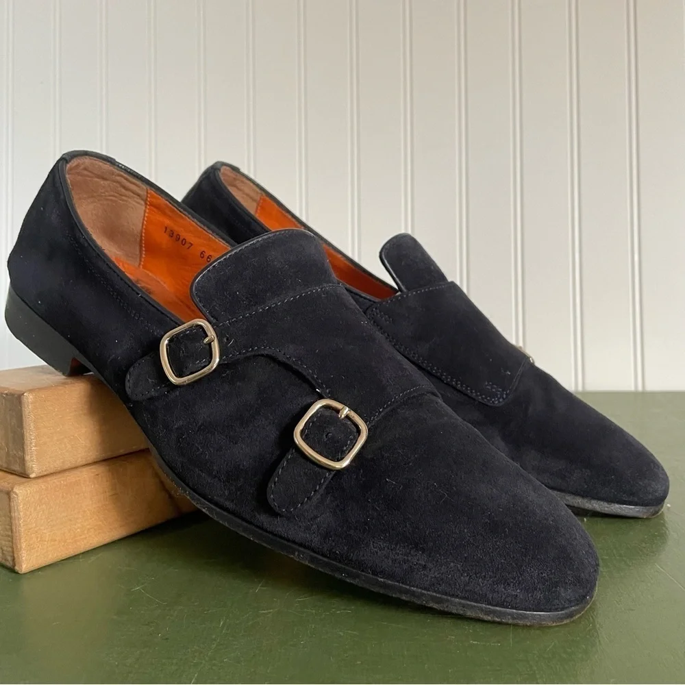 Santoni Men's Double Monk Strap Loafers in Midnight Blue Suede *Italy*
